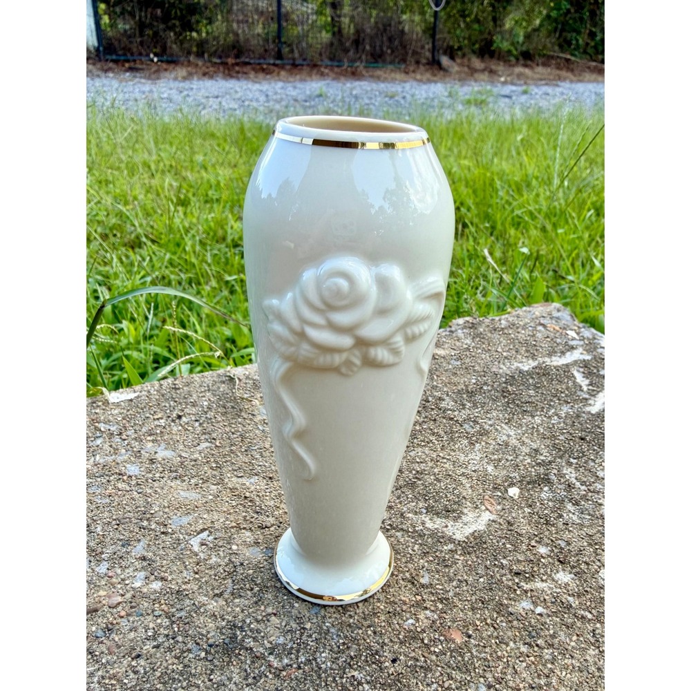 Lenox Rose Blossom Vase Fine Ivory China 24K Gold Trim Raised Relief Floral 7.5"